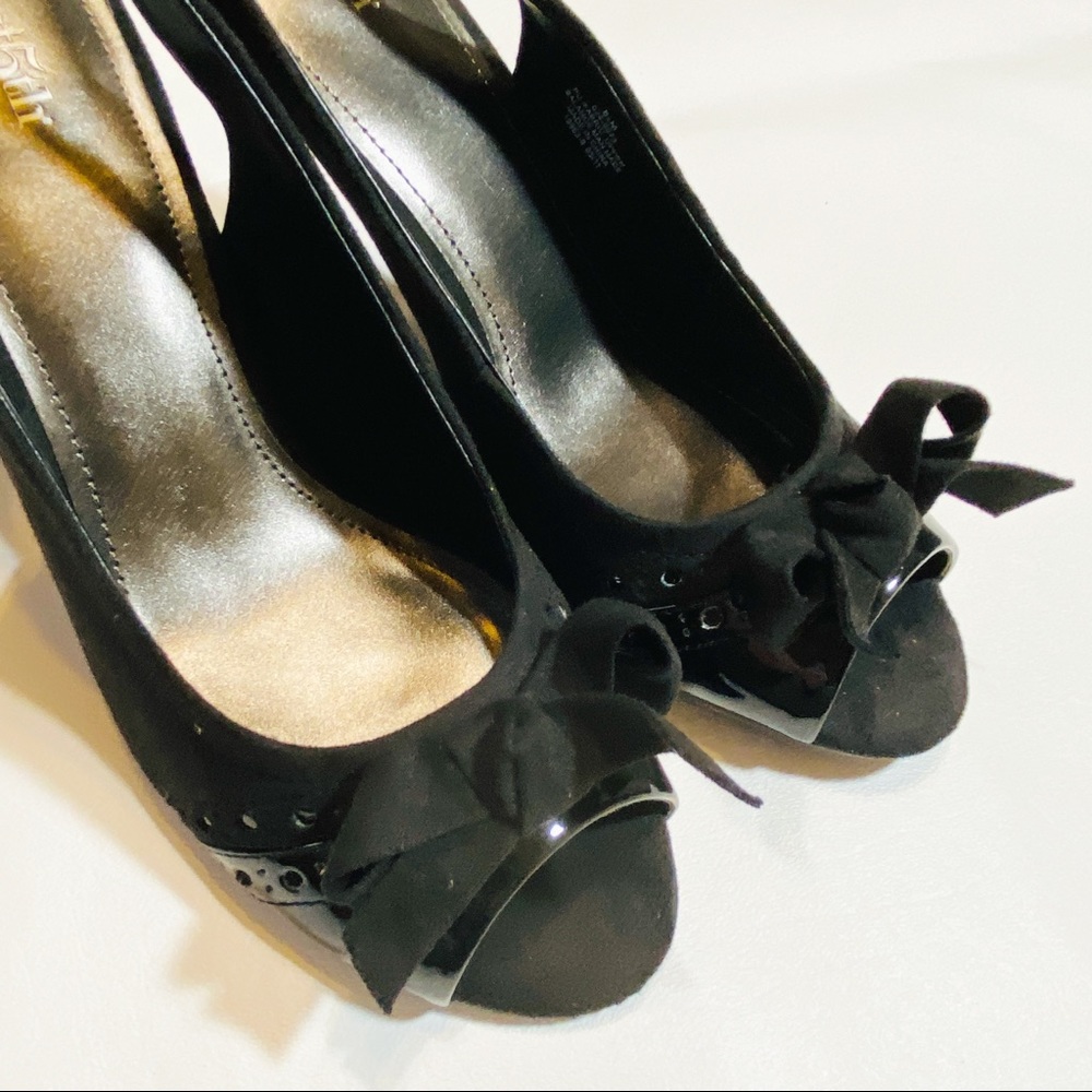 East 5th HEELS Slingback Peep Toe Bow Black Faux Suede Bettey Women Shoes SZ 8 M